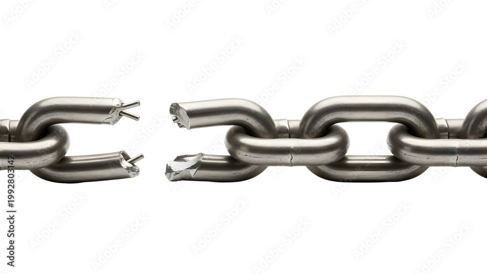 Fototapeta premium Broken metal chain link symbolizing weakness and failure.