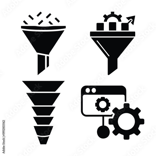 Marketing and sales funnel flat vector icons set with data filtering and optimization.