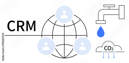 Customer relationship management, environmental awareness, sustainability efforts, global network, resource conservation, technological solutions. ion of a globe, user icons, water tap CO2