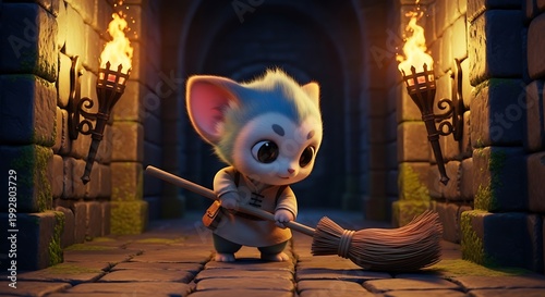 A fluffy, big-eyed creature in simple clothing sweeps a stone corridor lit by torches. Arched entry is visible