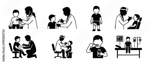 Pediatric Medical Exam Icons Set, Doctor Checking Child Health, Vaccination and Treatment Procedures, Black and White Vector Symbols for Clinical Healthcare, Hospital Checkup Infographic Elements Coll