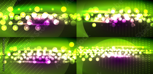 Bright abstract background. Green, purple, white circles create dynamic light effects. Digital design, vibrant colors, modern aesthetic.