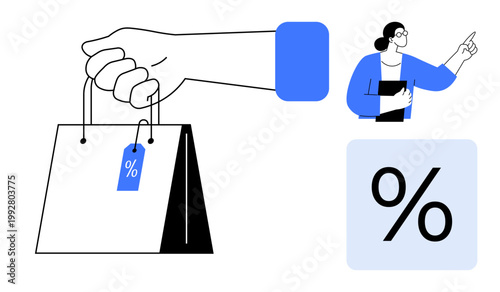 Retail promotion, online shopping, discounts, consumer behavior, marketing strategy, sales events. Hand holding bag with discount tag, woman gesturing and percentage symbol. Retail promotion
