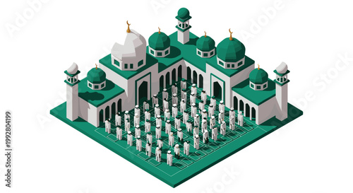 An isometric low-poly green and white mosque with domes and minarets shows over fifty white-clad figures performing prayer in rows on a white background.