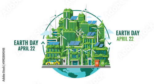 A vibrant green city featuring solar-paneled buildings wind turbines and an electric car charging sits atop a partial globe flanked by 'EARTH DAY APRIL 22' text.