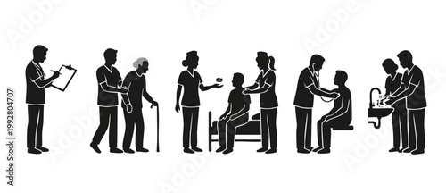 Medical staff and patient icons set, professional healthcare service silhouettes, nurse and doctor providing hospital care, diagnostic examination and medicine administration collection, vector illust