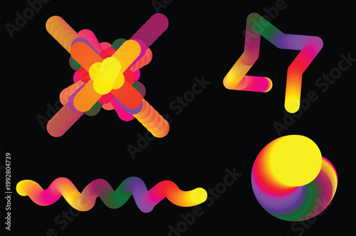 Abstract colorful shapes with vibrant gradients on a solid black background digital art set