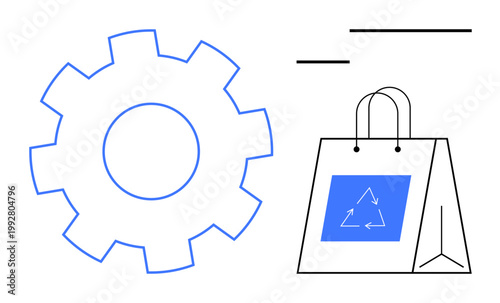 Sustainability, environment, recycling, production processes, eco-friendly shopping, waste management. A gear next to a bag with a recycling symbol. Sustainability and environment concept