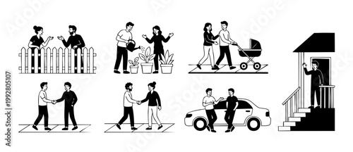 People Daily Activities Set, Neighbors Interacting and Lifestyle Scenes, Flat Line Vector Illustration Collection for Community Engagement, Social Connection, Urban Neighborhood Life and Relationship
