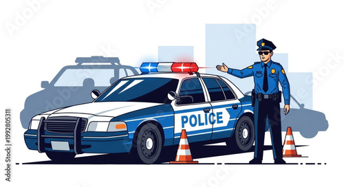 Police officer standing next to a patrol car with lights flashing.