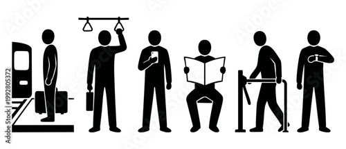 Public Transport People Icons Set, Commuter Actions and Travel Situations, Minimalist Black Silhouette Figures for Subway, Train, Station Navigation and Signage Design, Vector Illustration Concept