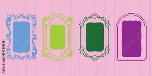 Set of four colorful decorative frames in various vintage and modern styles on pink background