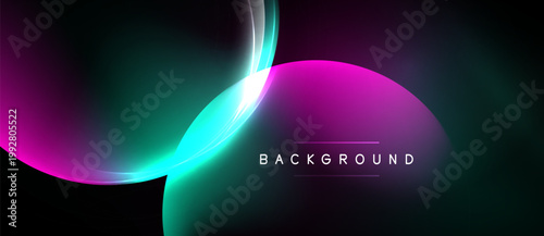Abstract design features flowing curves, vibrant magenta, teal hues. Dark background enhances luminosity, creating dynamic visual effect.