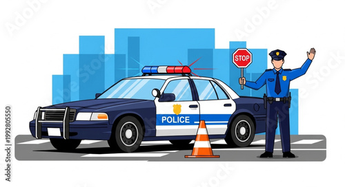 Police officer directing traffic with patrol car present.