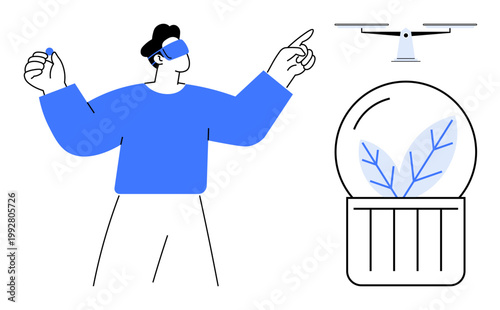 Virtual reality, quadcopter operations, sustainable tech, innovation, environmental conservation, automation. Person wearing VR headset interacting with Quadcopter and plant dome. VR and drone