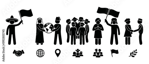 Global Diversity People Icons Set - Multicultural Collaboration and International Unity Concepts with Traditional Attire and Flags, Symbolizing Peace, Cooperation, and World Community Relations in Fla
