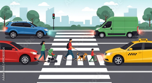 People and vehicles crossing a busy city street at a crosswalk.