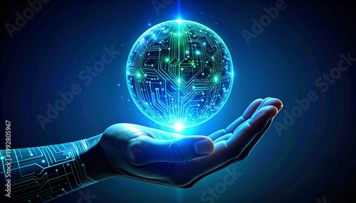 A circuit-patterned digital hand holds a luminous geometric sphere, symbolizing artificial intelligence, connectivity, and the fusion of humanity with technology.