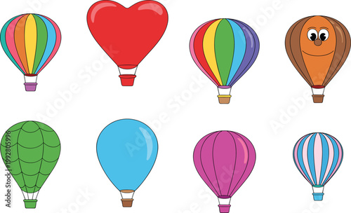 Hot air balloons set, colorful flying transport vector illustration for travel design