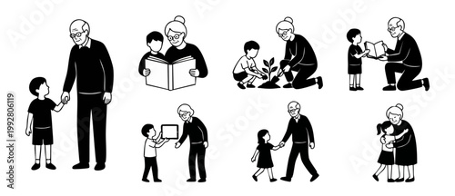 Grandparents and grandchildren interactions set, line art icon collection showing seniors with children reading, planting, and playing in a supportive, loving family relationship, isolated on white ba
