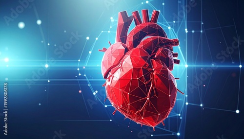 A geometric red heart glows with facets against a dark blue background, paired with a luminous ECG line, symbolizing medicine, vitality, and digital innovation.