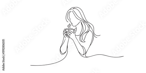 single line abstract woman holding and smelling coffee.continuous line drawing of calm aroma moment.relaxed lifestyle concept.minimal modern style.one line vector illustration.