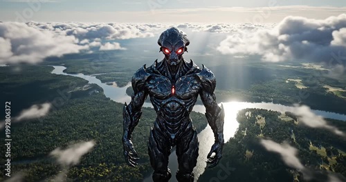 Futuristic humanoid figure emerging from clouds over a serene river landscape at dawn