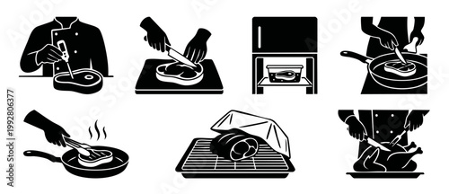 Cooking Meat Icon Set, Chef Preparing Beef Steak and Poultry Food Preparation Steps for Professional Kitchen Instructions, Culinary Process Icons in Simple Flat Black Graphic Design Style Illustration