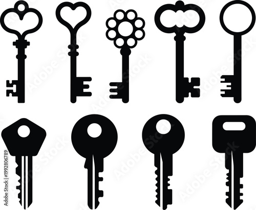 Key icons set, various shapes silhouettes vector illustration for security and access