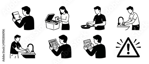 Food Safety Icons Set, People Cooking and Hygiene Symbols, Kitchen Handling Instructions and Warning Sign for Food Preparation and Health Compliance Guidelines in Minimalist Black and White Vector Sty