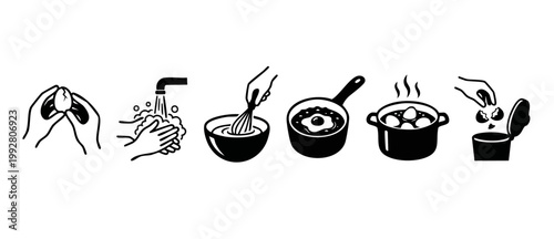 Egg Cooking Process Icon Set, Step by Step Food Preparation Outline, Cracking Whisking Boiling Fried Eggs for Kitchen Recipe Guide, Black and White Vector Illustration for Culinary Educational Project