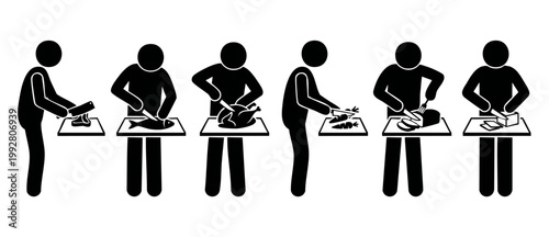 Person Cutting Food Icon Set, Cooking Preparation Vector Symbols for Kitchen Activities. Slicing meat, fish, poultry, vegetables, bread and cheese on cutting boards for professional chefs and home coo