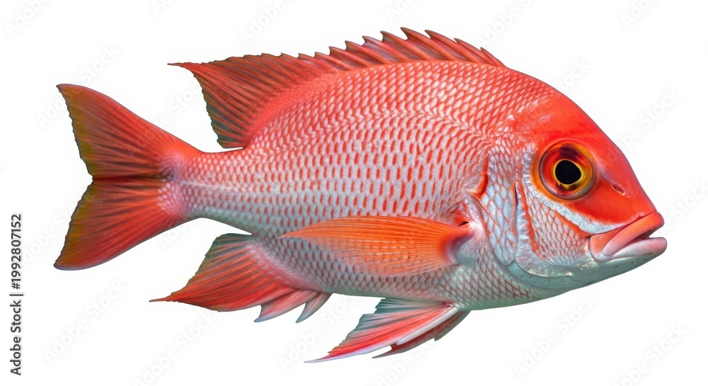 Fototapeta premium Vibrant red fish with orange fins and scales on white background