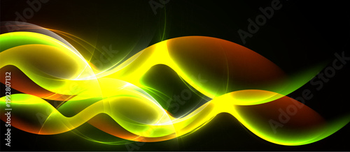 Bright abstract waves, vibrant colors blend. Smooth curves create dynamic energy, glowing effect on black background.
