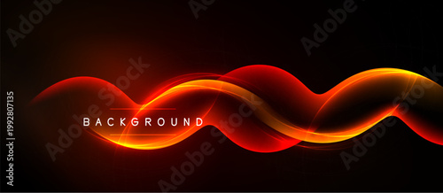 Dynamic red light waves flow across black space. Bright energy creates abstract background, modern design element.