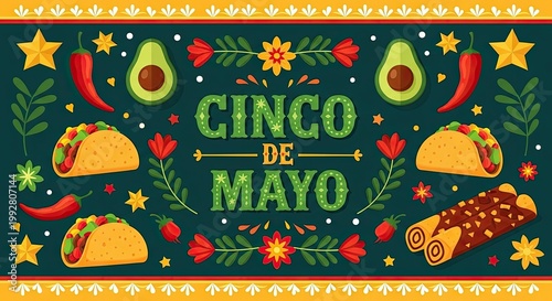 Cinco de mayo festive illustration with traditional mexican food and decorations