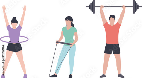 People exercising fitness activities set, workout training vector illustration for healthy lifestyle