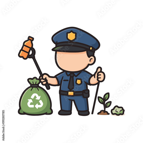 Police officer holding litter picker and trash bag