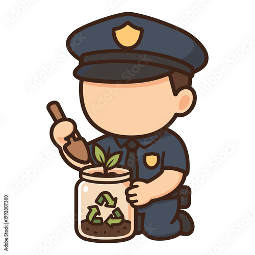 Cartoon police officer planting seedling in jar