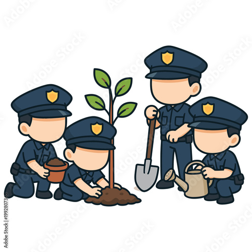 Group of police officers planting and watering tree