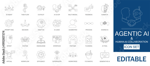 Agentic AI and human-ai collaboration icon set. Includes autonomous agents, task delegation and co-pilot workflow. Professional for future workforce and augmented intelligence.