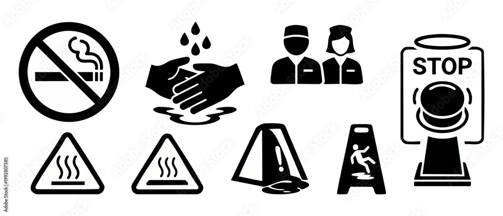 Fototapeta premium Safety and Warning Signs Set, Workplace Hazard Icons, Health Protocols Collection. Black and white pictogram symbols for industrial, medical, and public signage, including emergency stop and hygiene s