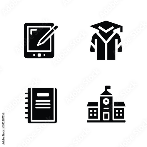 Education related glyph icons with digital tablet, graduation gown, notebook, and school building.