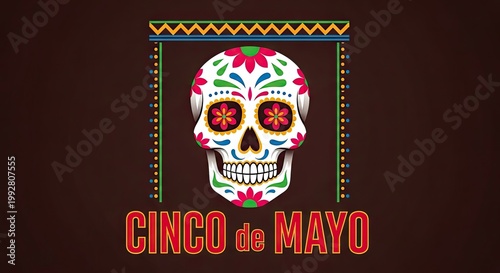 Vibrant cinco de mayo sugar skull illustration with decorative border