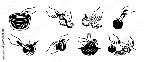 Cooking food preparation line icons, culinary skills, chopping and peeling vegetables, set of vector kitchen actions for recipes, professional chef techniques isolated on white background flat design
