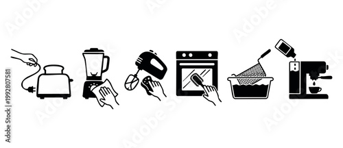 Kitchen Appliance Cleaning Maintenance Icons Set for Household Care and Sanitation Guide, Manual Instructions with Hands Operating Toaster, Blender, Mixer, Oven, Deep Fryer and Coffee Machine Service