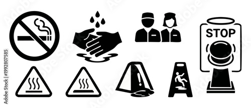 Safety and Warning Signs Set, Workplace Hazard Icons, Health Protocols Collection. Black and white pictogram symbols for industrial, medical, and public signage, including emergency stop and hygiene s