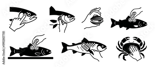 Seafood Preparation Icons Set: Fish, Shellfish and Crab Handling and Cleaning Vector Illustrations for Culinary Food Industry Instruction Manuals, Cooking Tutorials, Restaurant Signage and Kitchen Lab