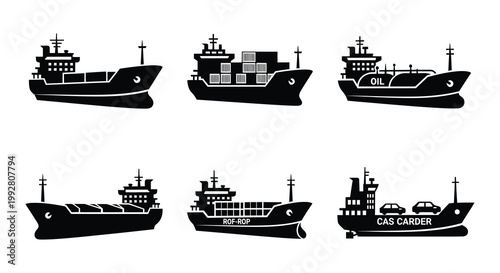 Black silhouettes of various cargo and passenger ships displayed in a row
