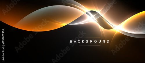 Abstract design features flowing orange, yellow lines against dark backdrop. Bright central glow draws attention. Minimalist text reads background.